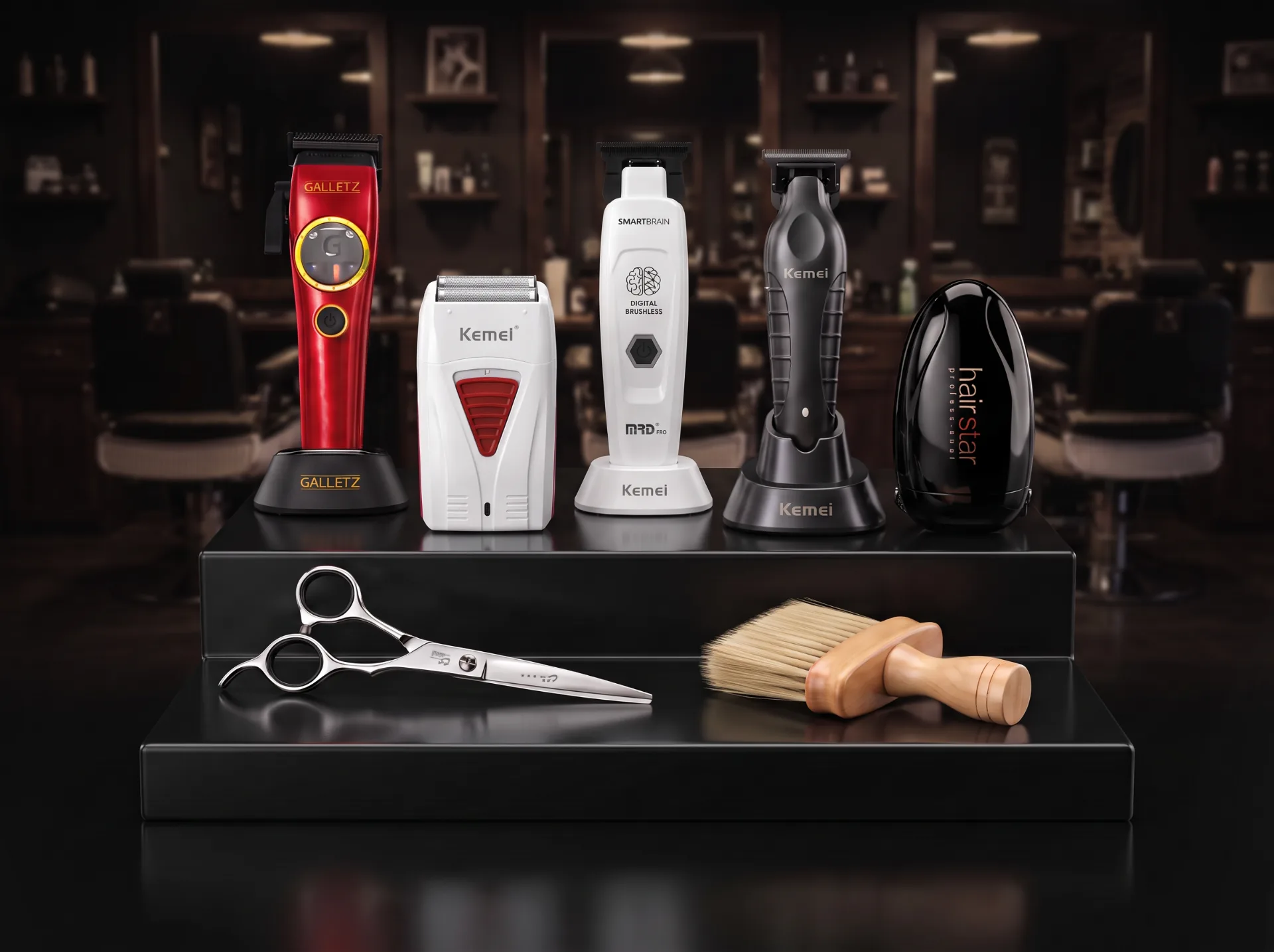 Máquinas Galletz e Kemei, shaver, secador Hair Star, tesoura e espanador da Mundo dos Barbeiros